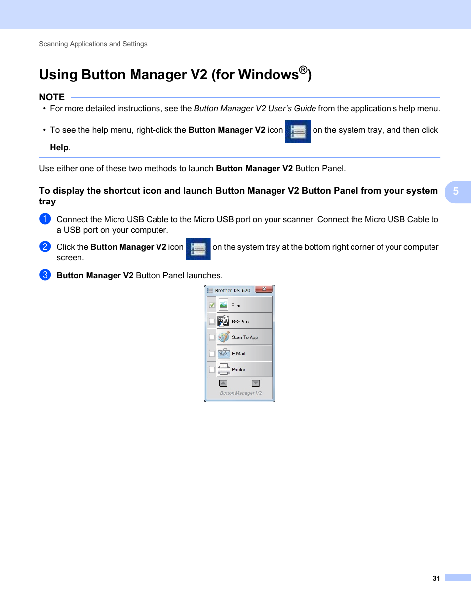 Using button manager v2 (for windows®), Using button manager v2 (for windows, Us- ing button manager v2 (for windows | Brother DS-720D User Manual | Page 36 / 60