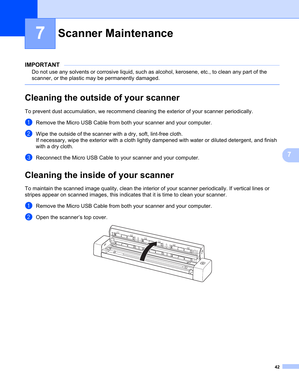 7 scanner maintenance, Cleaning the outside of your scanner, Cleaning the inside of your scanner | Scanner maintenance | Brother DS-720D User Manual | Page 47 / 60