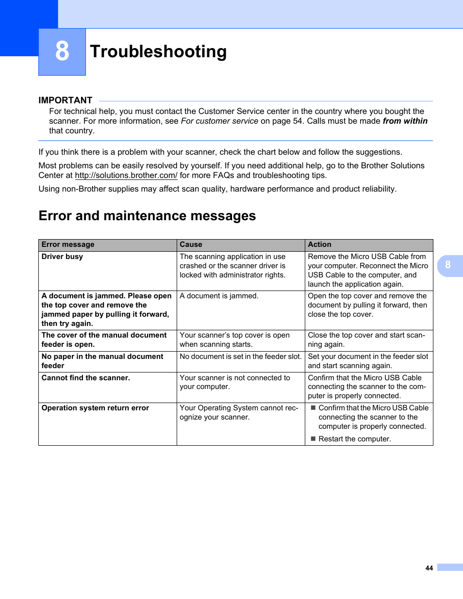 8 troubleshooting, Error and maintenance messages, Troubleshooting 44 | Troubleshooting | Brother DS-720D User Manual | Page 49 / 60