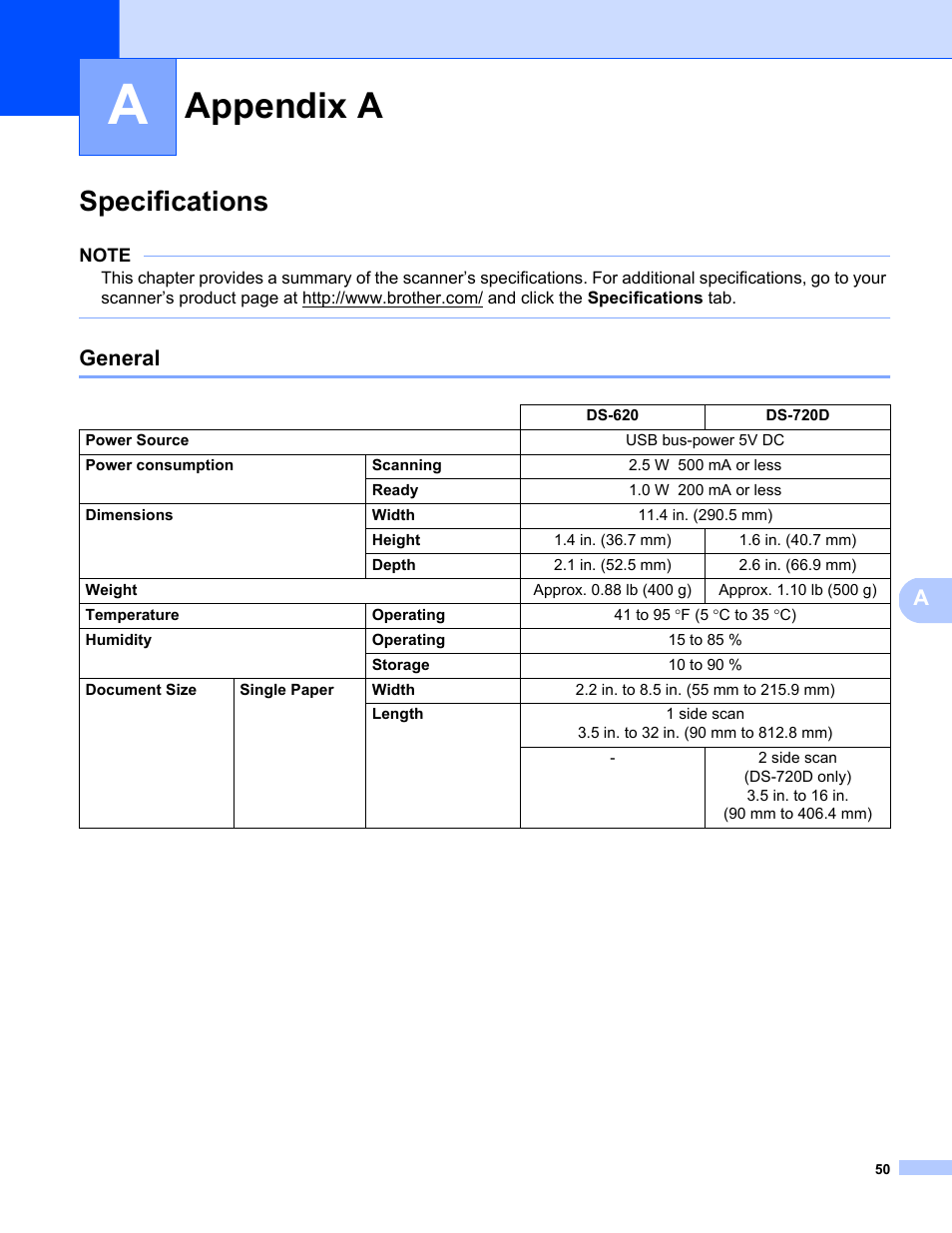 A appendix a, Specifications, General | Appendix a | Brother DS-720D User Manual | Page 55 / 60