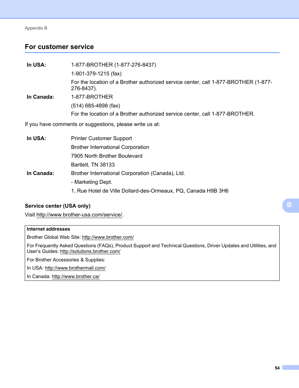For customer service, Bfor customer service | Brother DS-720D User Manual | Page 59 / 60
