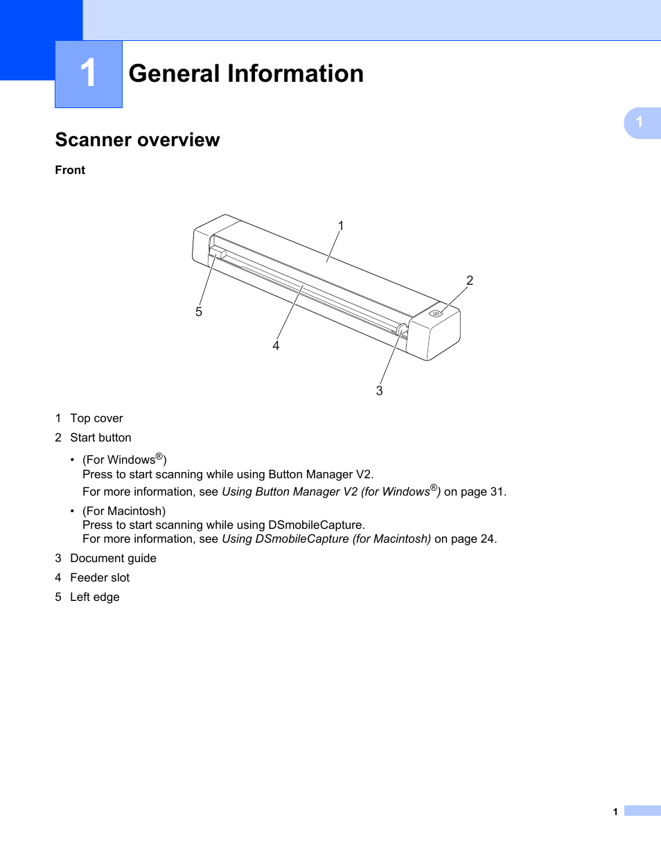 1 general information, Scanner overview, General information | Brother DS-720D User Manual | Page 6 / 60