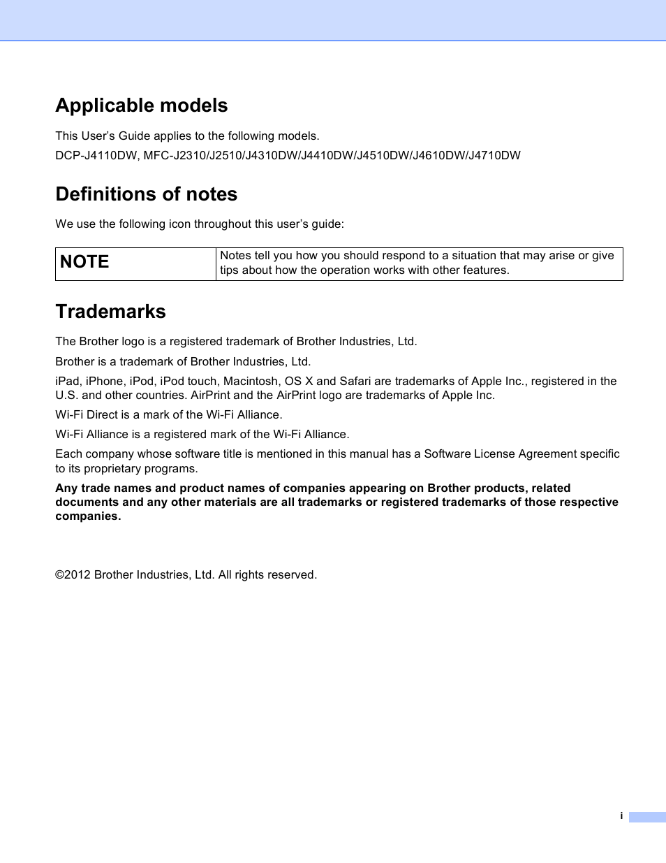 Applicable models, Definitions of notes, Trademarks | Brother MFC-J4310DW User Manual | Page 2 / 13