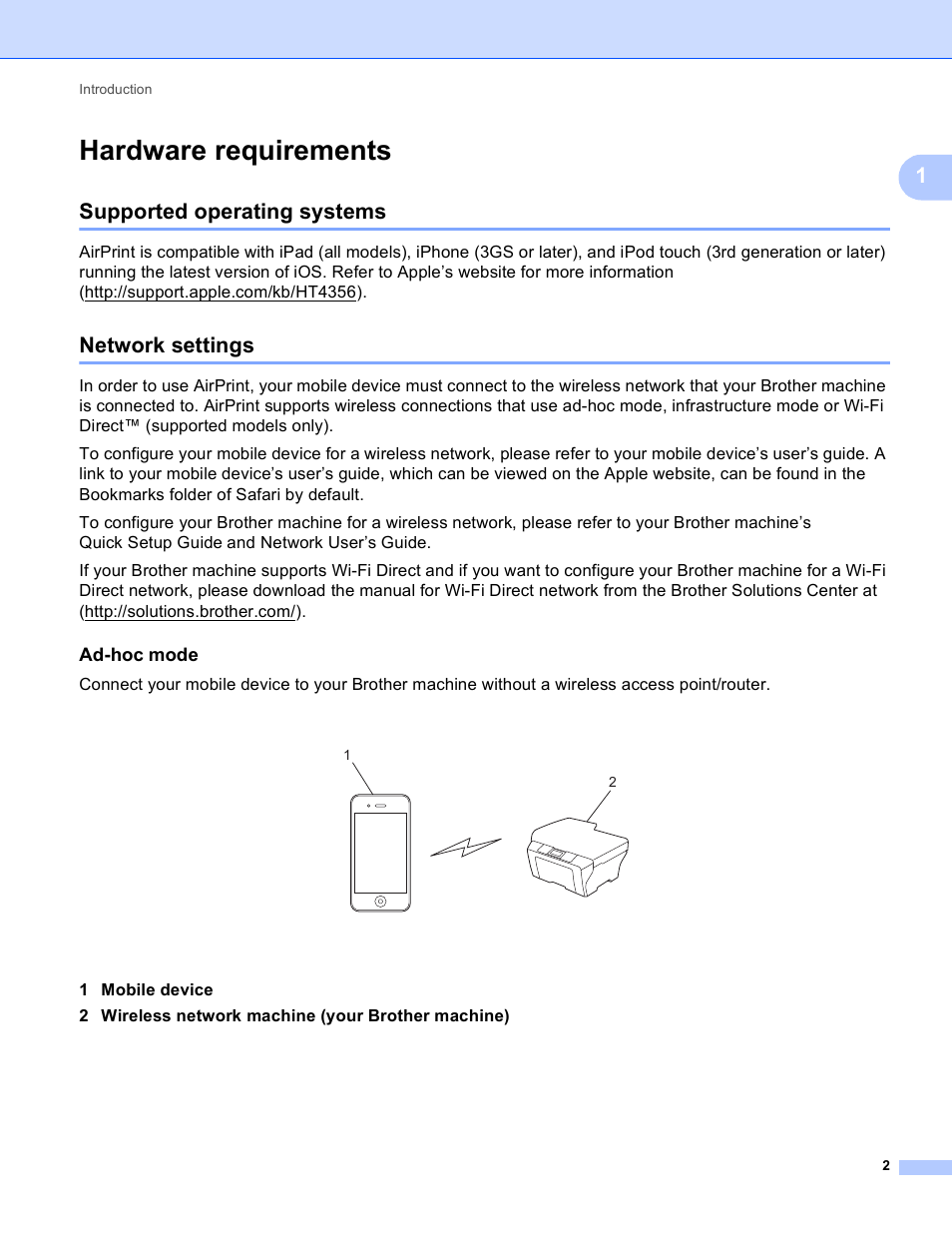 Hardware requirements, Supported operating systems, Network settings | Ad-hoc mode, Supported operating systems network settings | Brother MFC-J4310DW User Manual | Page 5 / 13