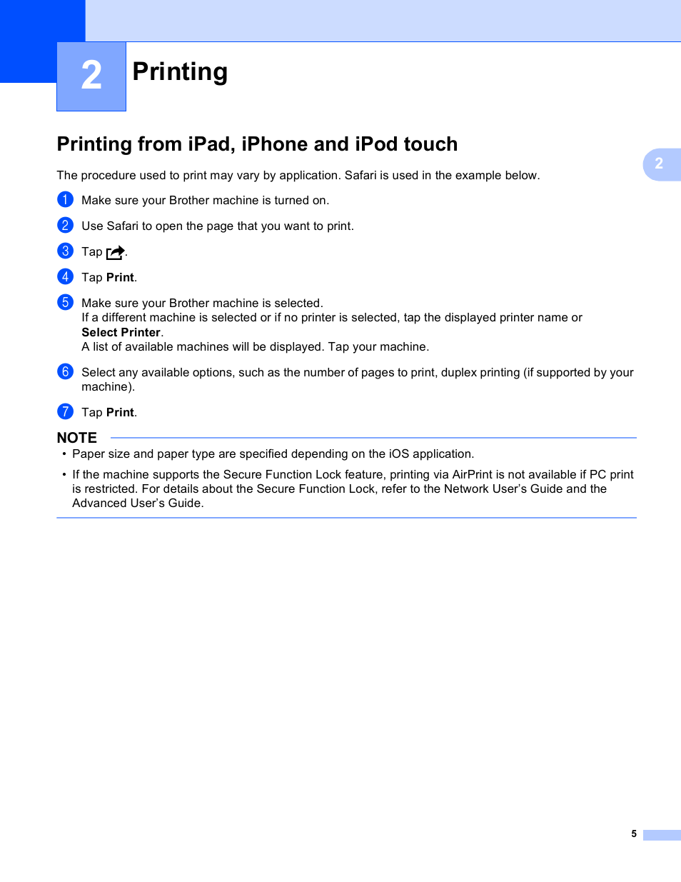 2 printing, Printing from ipad, iphone and ipod touch, Printing | Brother MFC-J4310DW User Manual | Page 8 / 13