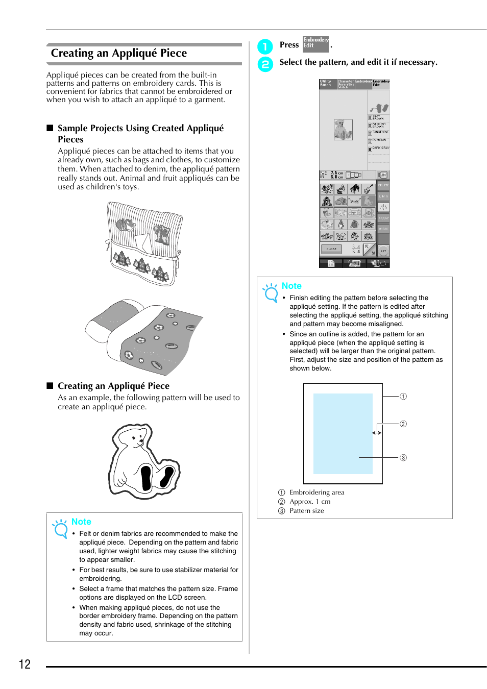 Creating an appliqué piece, Sample projects using created appliqué pieces | Brother Innov-is 4750D User Manual | Page 13 / 26