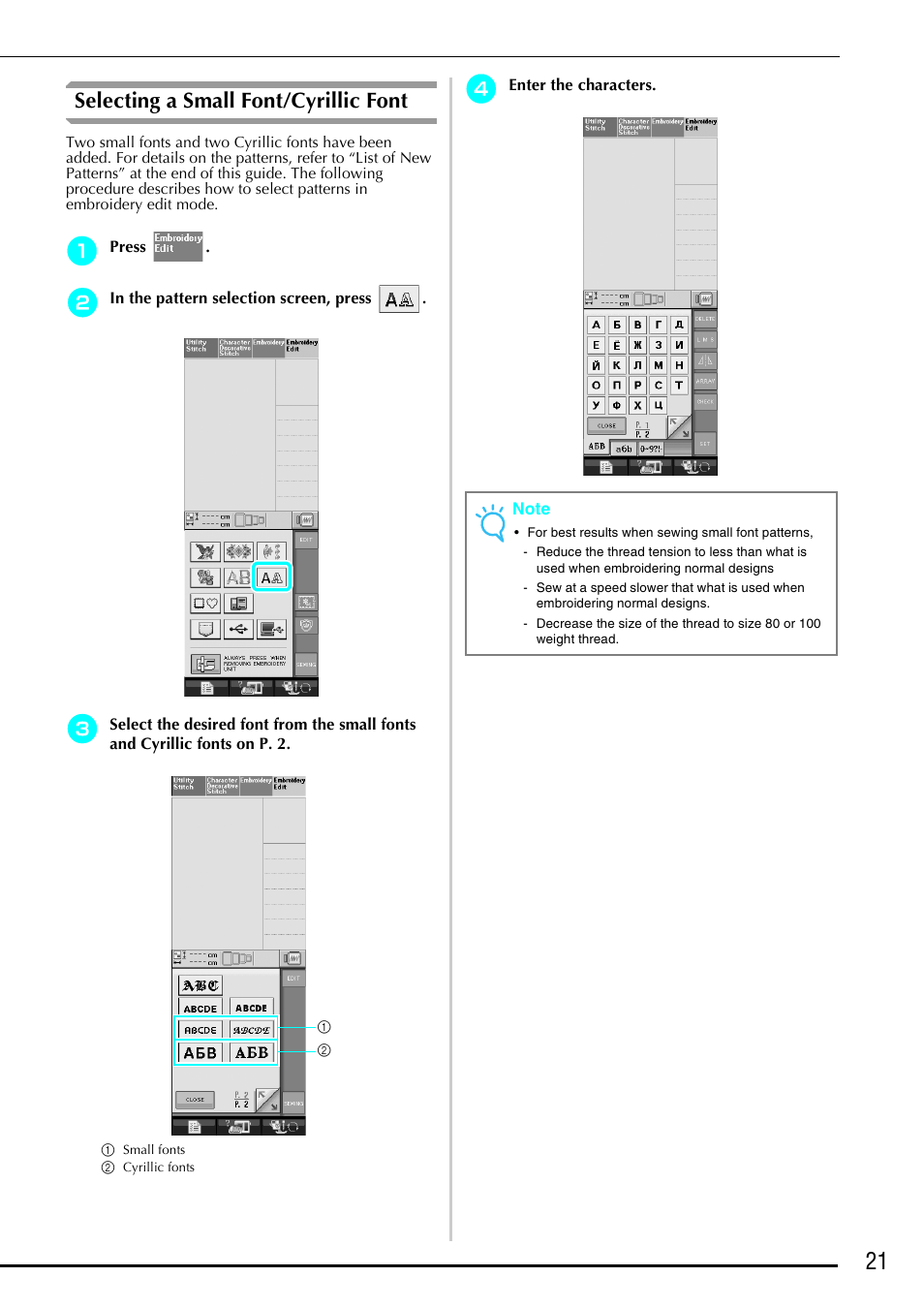 Selecting a small font/cyrillic font | Brother Innov-is 4750D User Manual | Page 22 / 26