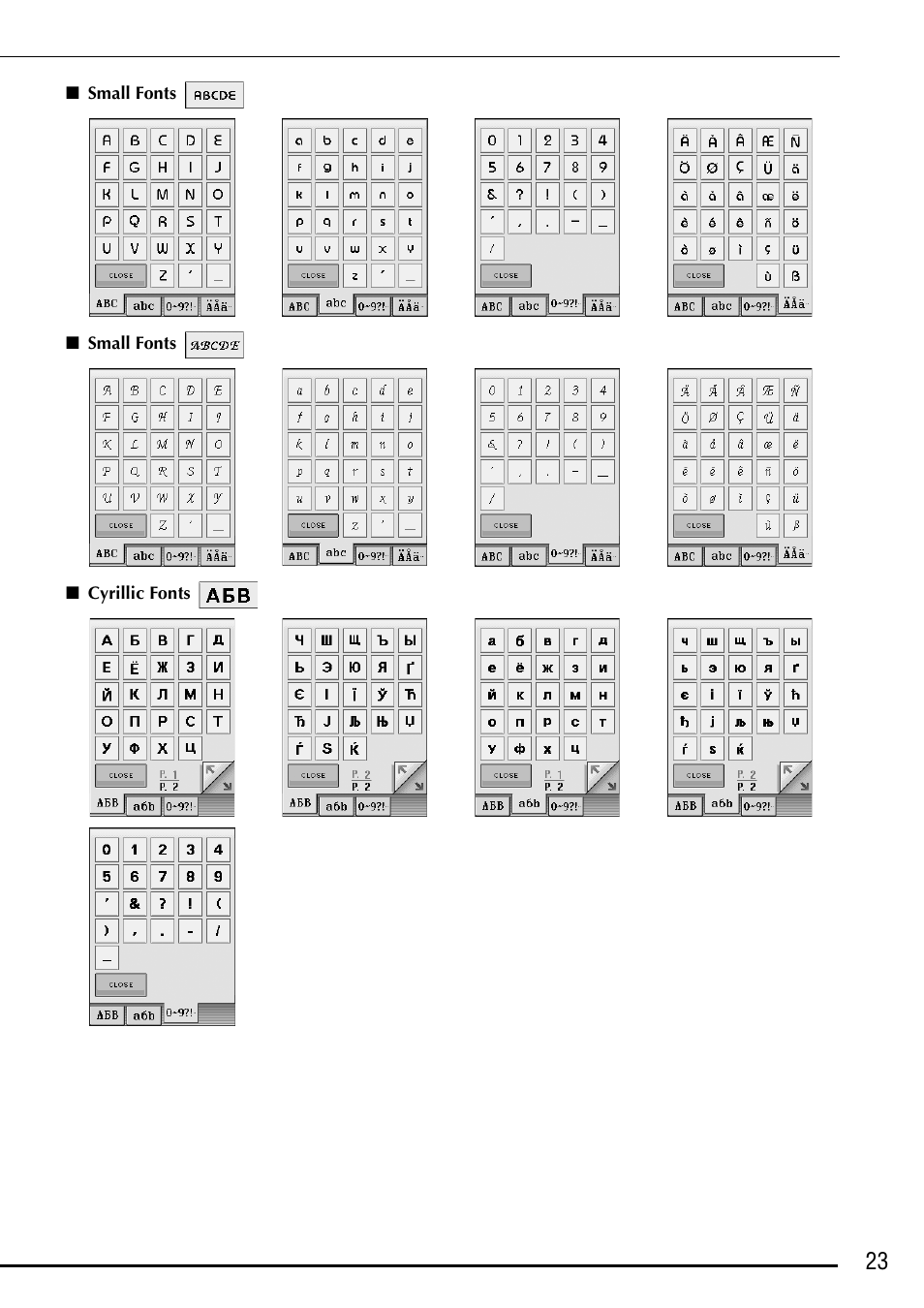 Small fonts, Cyrillic fonts, Small fonts small fonts cyrillic fonts | Brother Innov-is 4750D User Manual | Page 24 / 26