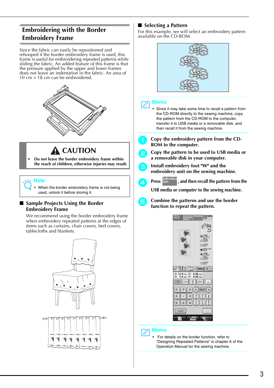 Embroidering with the border embroidery frame, Sample projects using the border embroidery frame, Selecting a pattern | Caution | Brother Innov-is 4750D User Manual | Page 4 / 26