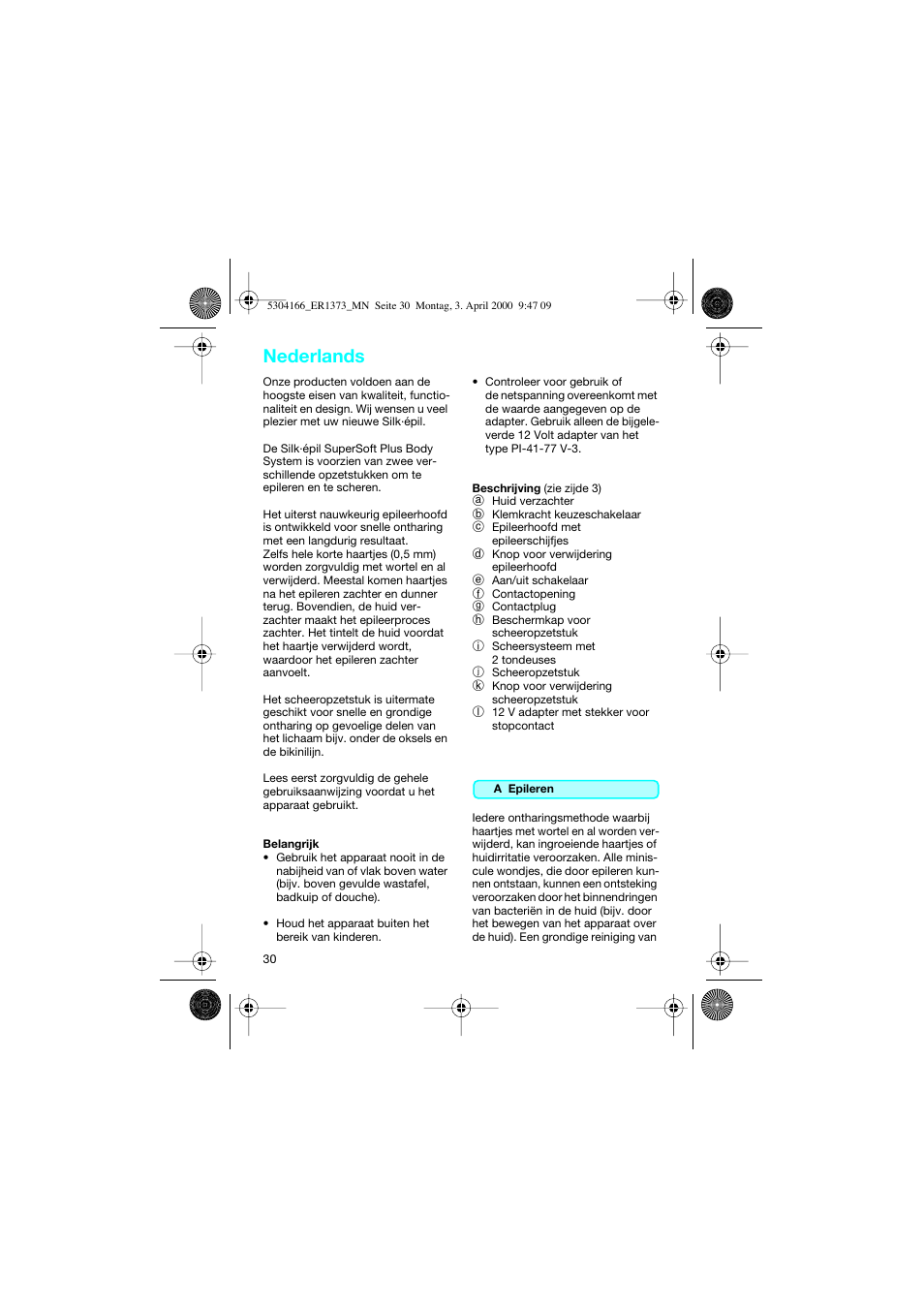 Nederlands | Braun ER1373 Silk-épil SuperSoft Plus User Manual | Page 30 / 59