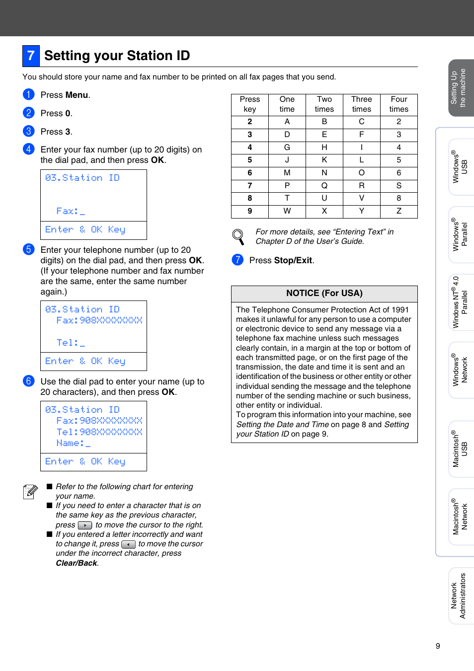 7 setting your station id, Setting your station id, 7setting your station id | Brother MFC-8670DN User Manual | Page 11 / 48