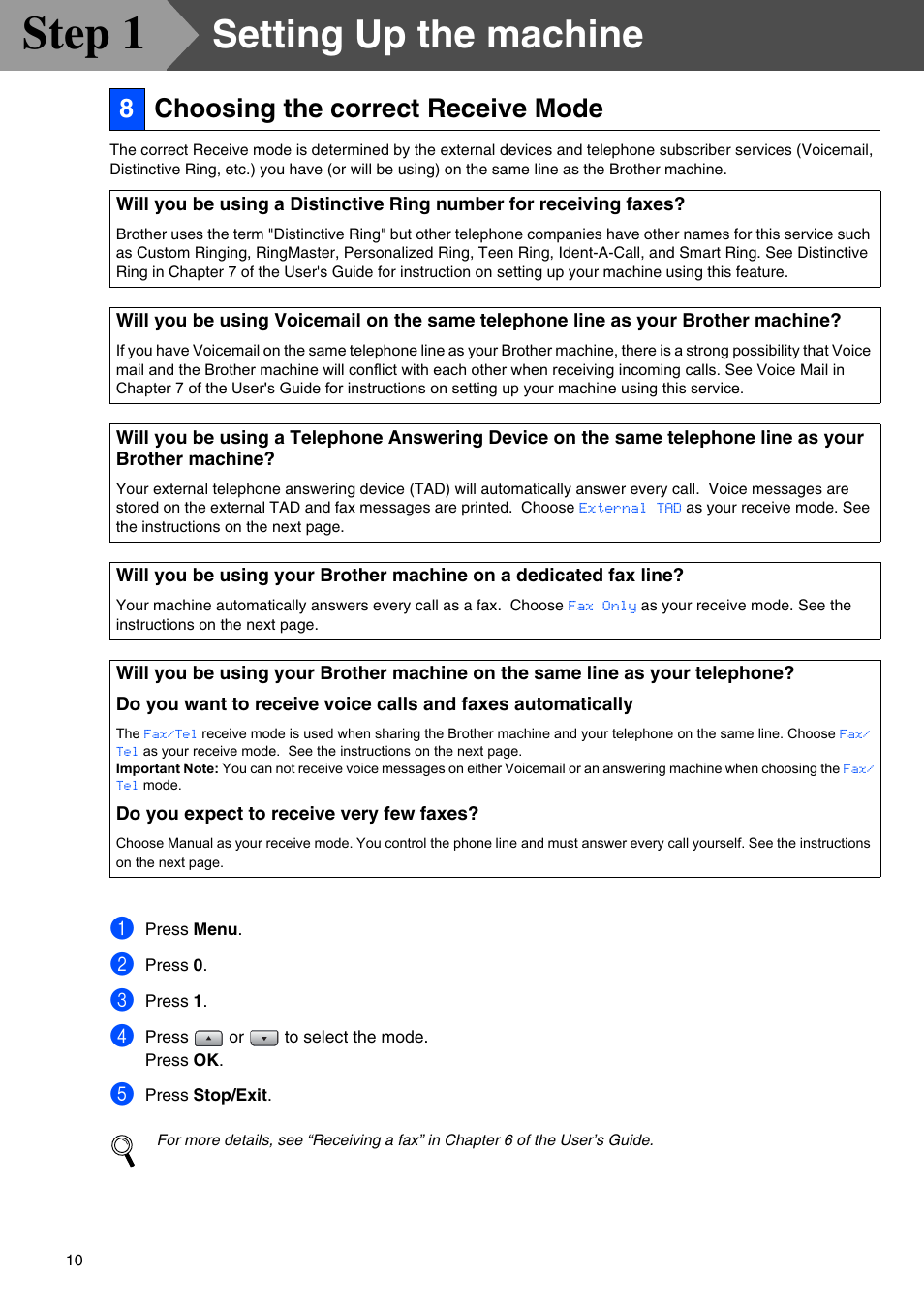 8 choosing the correct receive mode, Choosing the correct receive mode, Step 1 | Setting up the machine, 8choosing the correct receive mode | Brother MFC-8670DN User Manual | Page 12 / 48