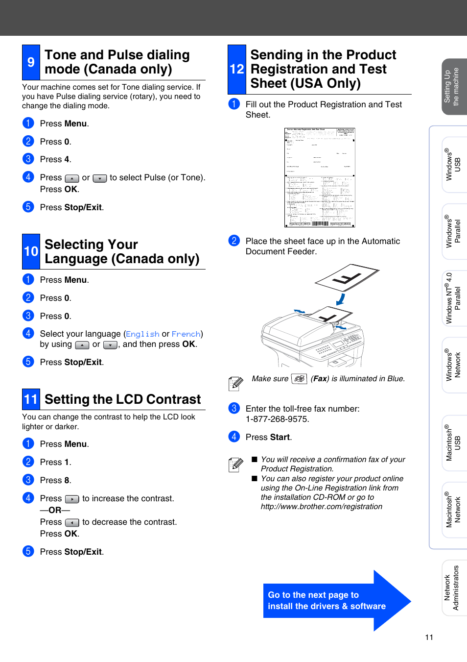 9 tone and pulse dialing mode (canada only), 10 selecting your language (canada only), 11 setting the lcd contrast | Tone and pulse dialing mode (canada only) | Brother MFC-8670DN User Manual | Page 13 / 48