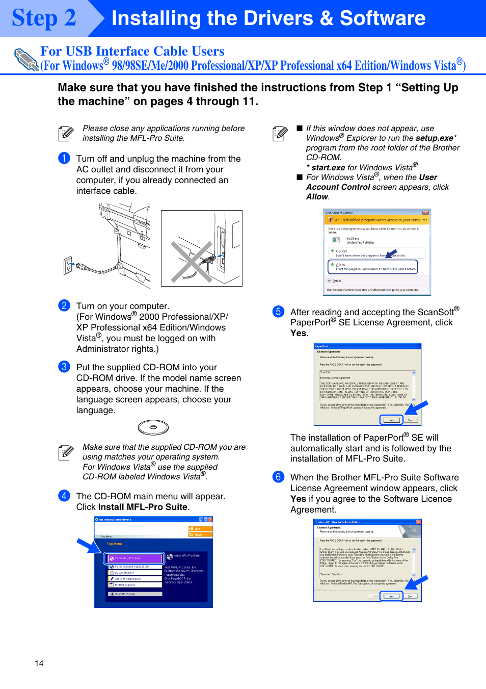 For usb interface cable users, For windows, Step 2 | Installing the drivers & software, For usb interface cable users (for windows | Brother MFC-8670DN User Manual | Page 16 / 48
