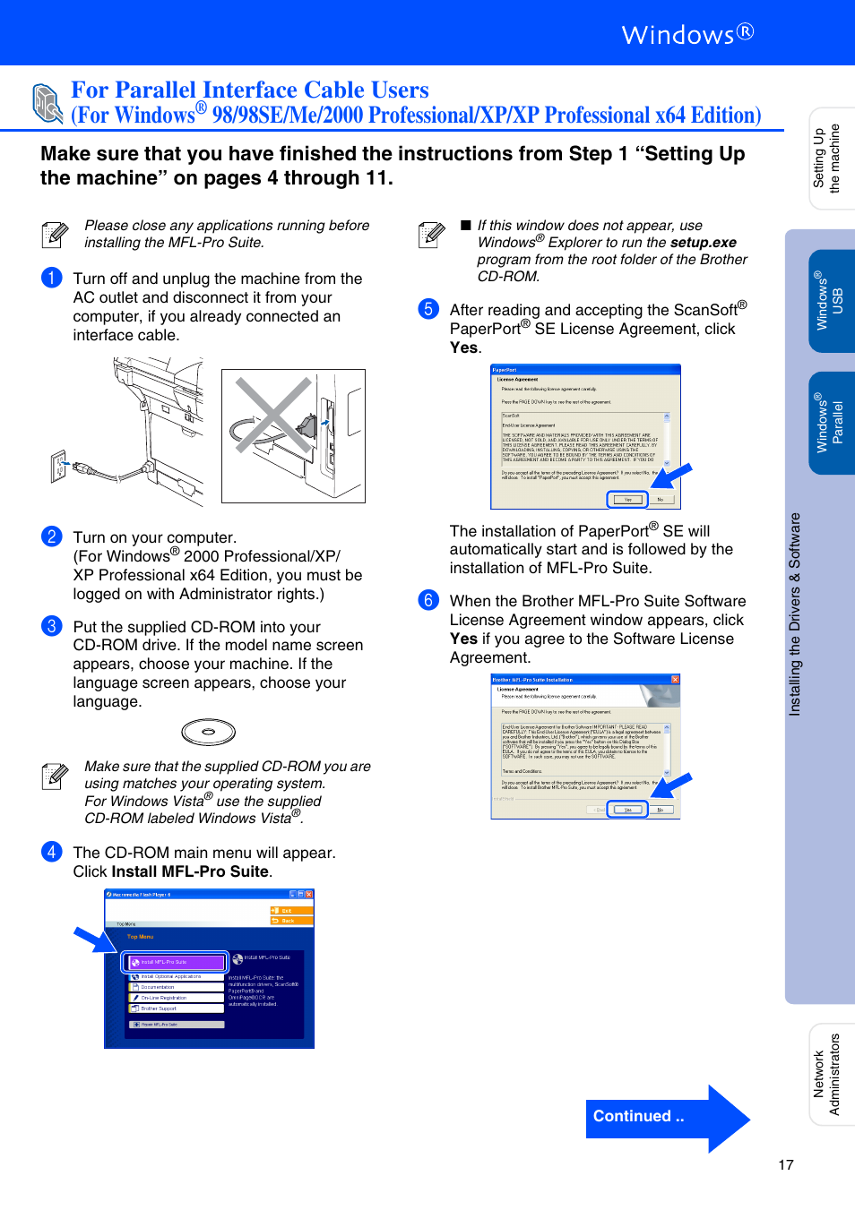For parallel interface cable users, For windows, For parallel interface cable users (for windows | Brother MFC-8670DN User Manual | Page 19 / 48
