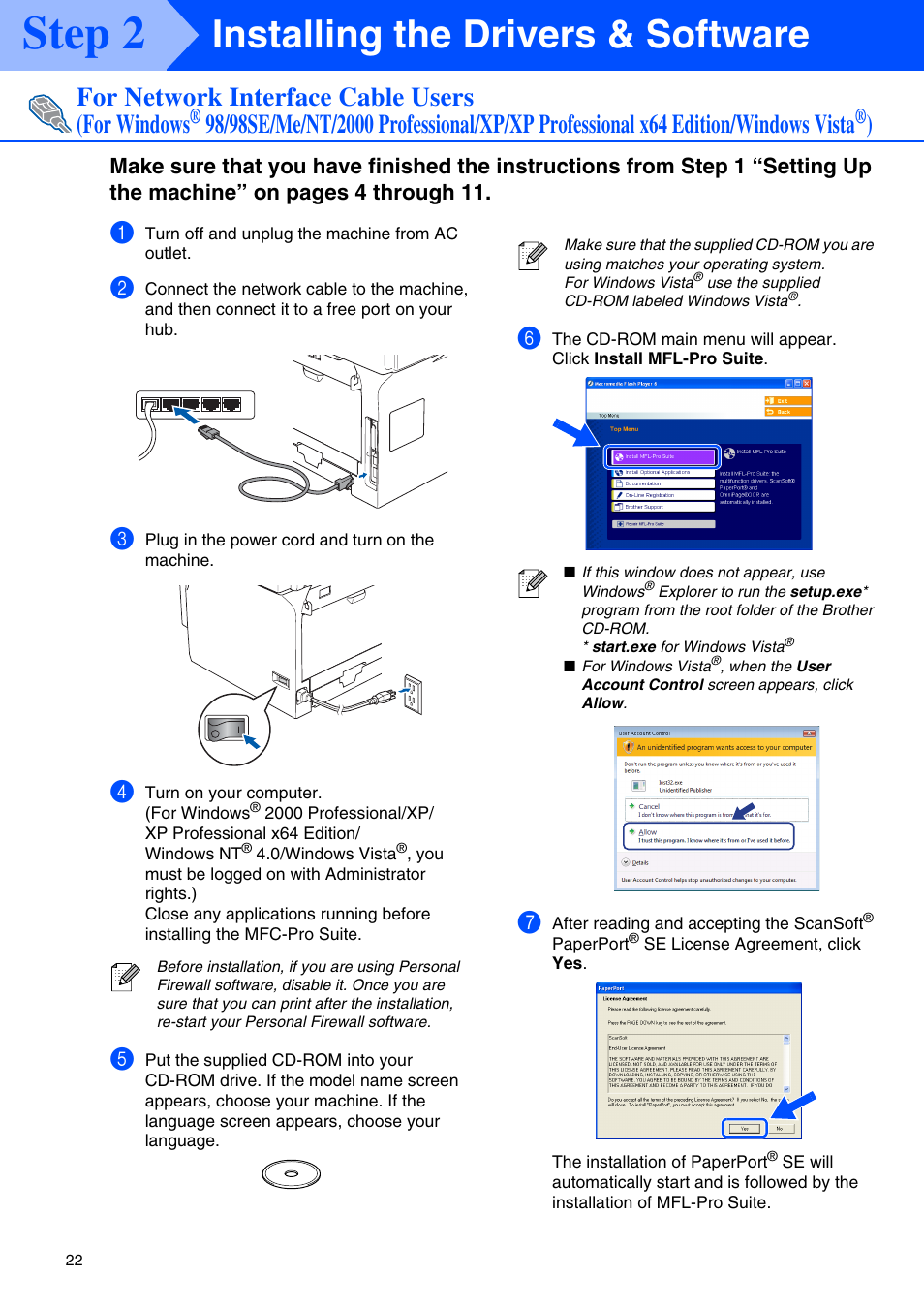 For network interface cable users, For windows, Step 2 | Installing the drivers & software, For network interface cable users (for windows | Brother MFC-8670DN User Manual | Page 24 / 48