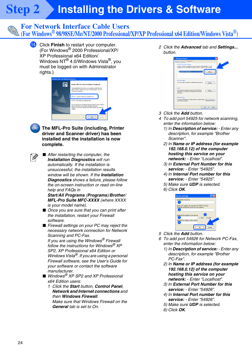 Step 2, Installing the drivers & software, For network interface cable users (for windows | Brother MFC-8670DN User Manual | Page 26 / 48