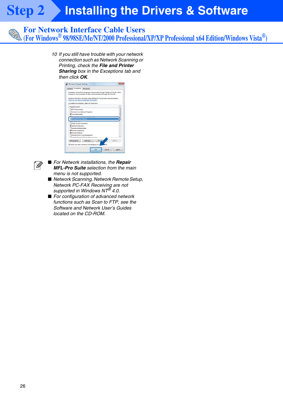 Step 2, Installing the drivers & software, For network interface cable users (for windows | Brother MFC-8670DN User Manual | Page 28 / 48