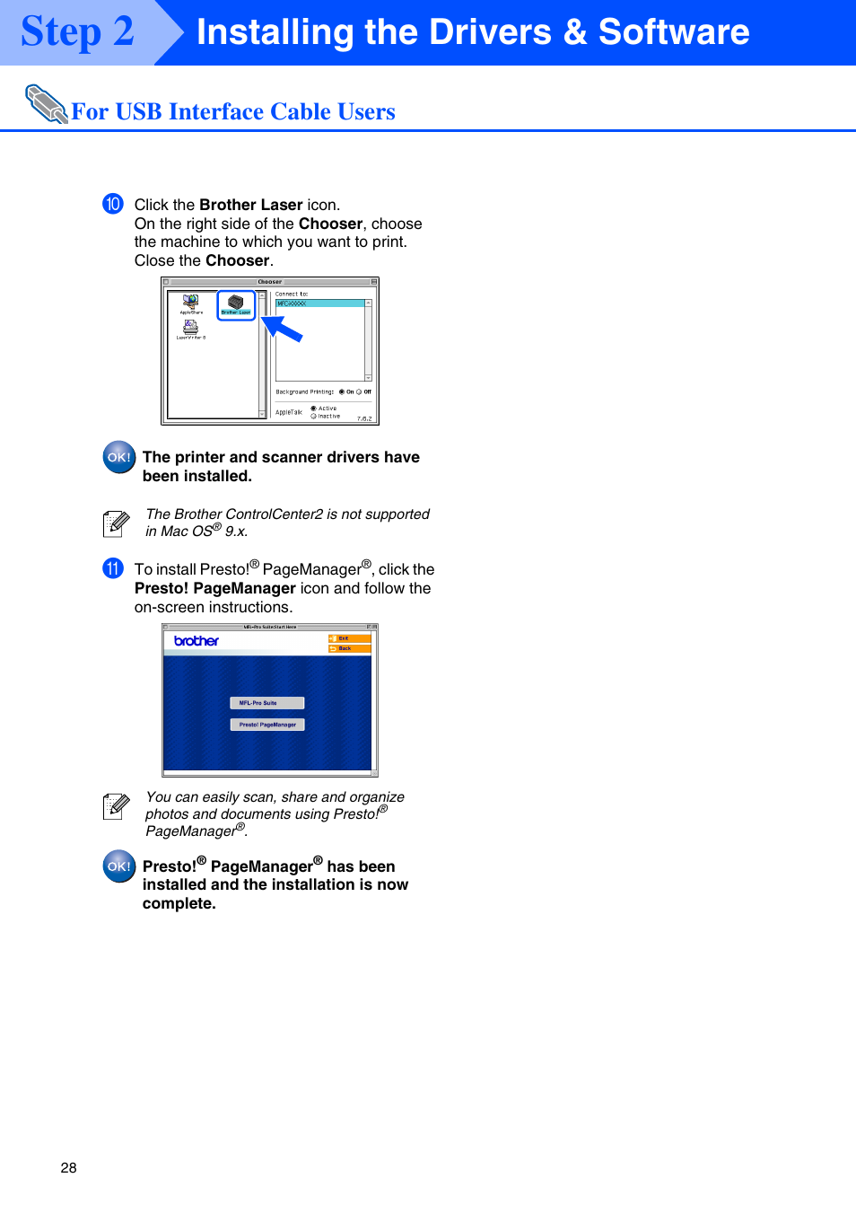 Step 2, Installing the drivers & software, For usb interface cable users | Brother MFC-8670DN User Manual | Page 30 / 48