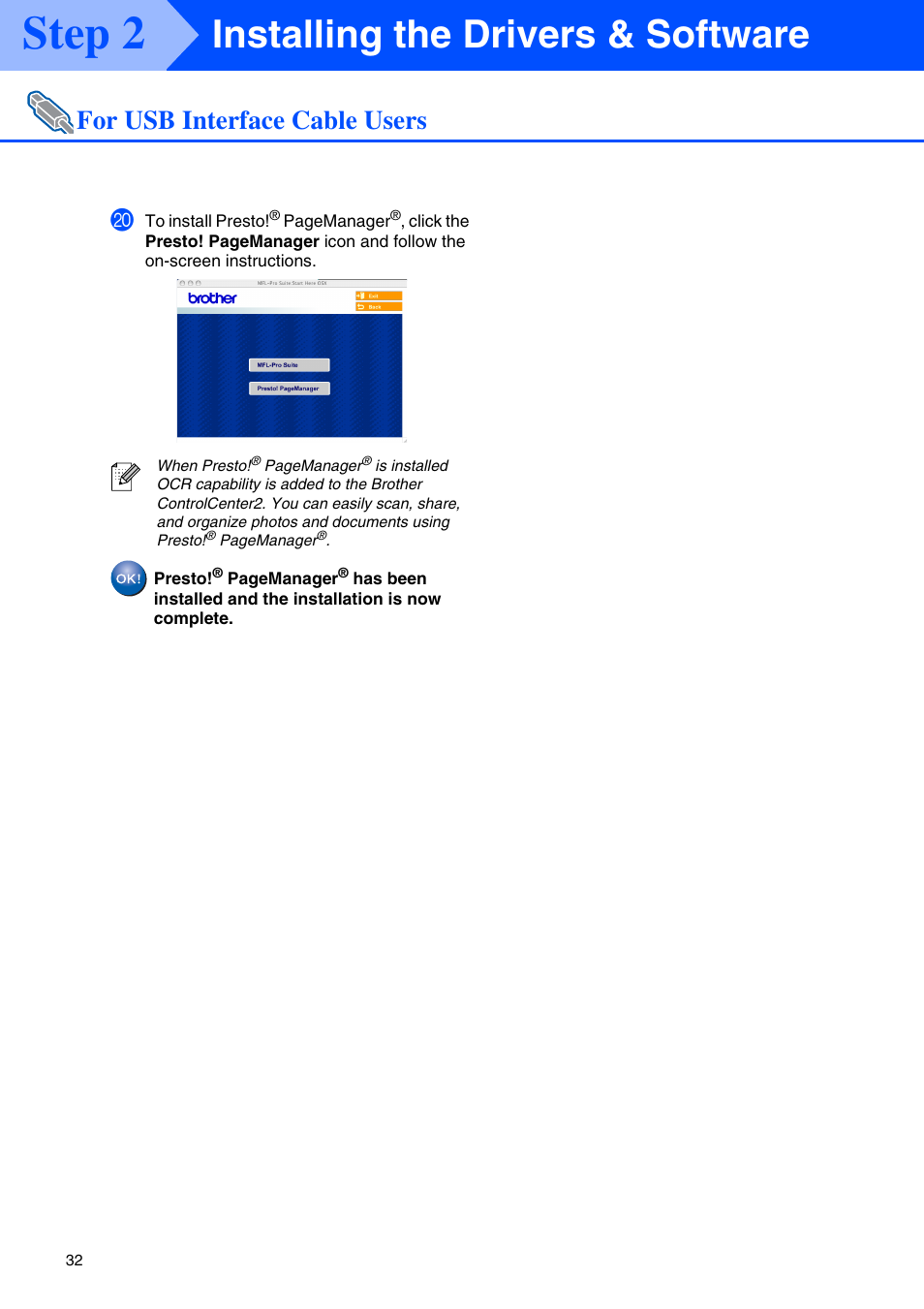 Step 2, Installing the drivers & software, For usb interface cable users | Brother MFC-8670DN User Manual | Page 34 / 48