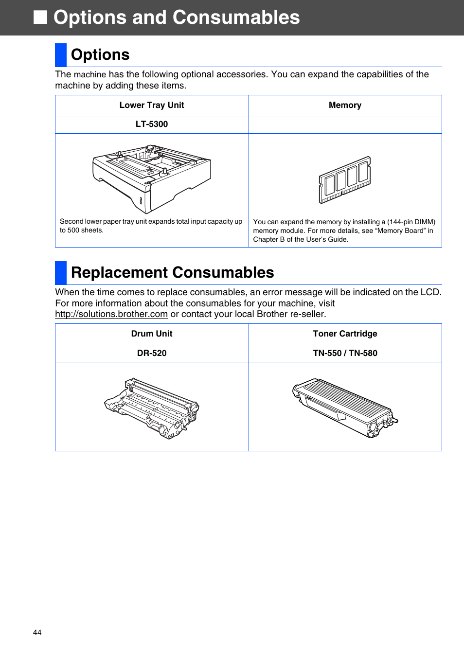 Options and consumables, Options, Replacement consumables | Options replacement consumables | Brother MFC-8670DN User Manual | Page 46 / 48