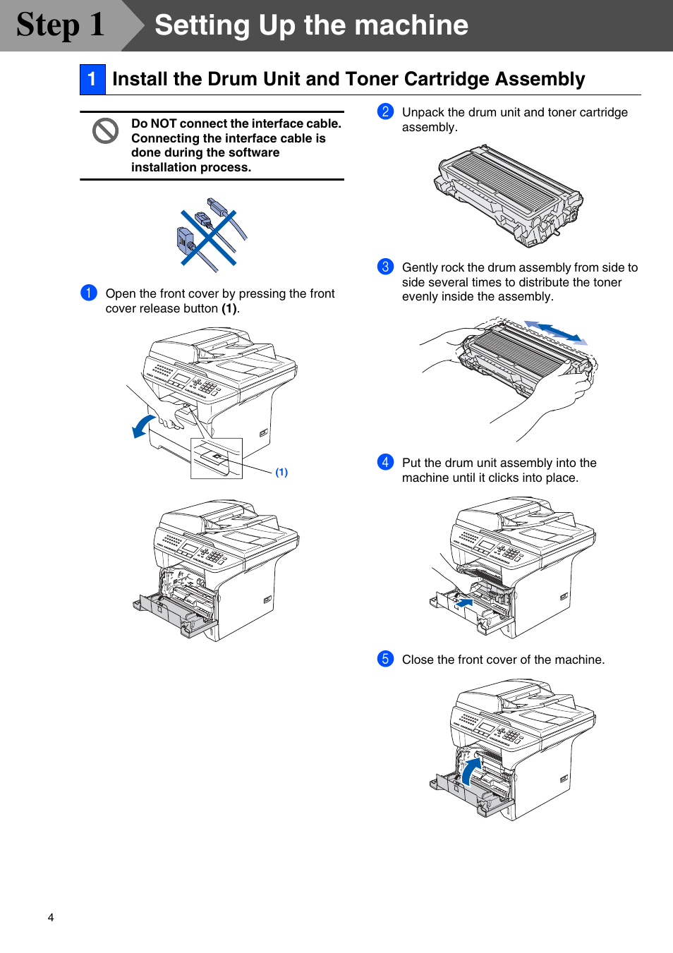 Step1 setting up the machine, Setting up the machine, Install the drum unit and toner cartridge assembly | Step 1 | Brother MFC-8670DN User Manual | Page 6 / 48