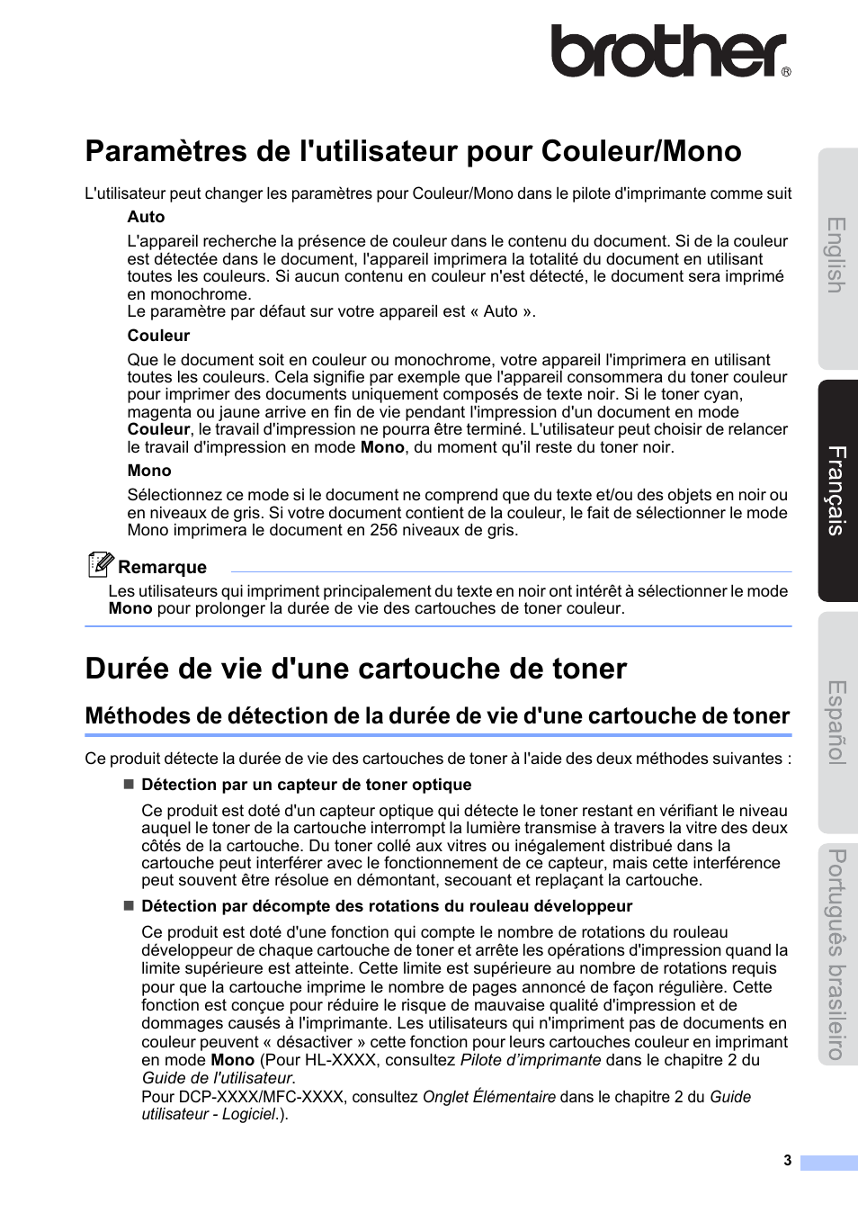 Français, Paramètres de l'utilisateur pour couleur/mono, Durée de vie d'une cartouche de toner | English | Brother HL 4570CDWT User Manual | Page 3 / 11