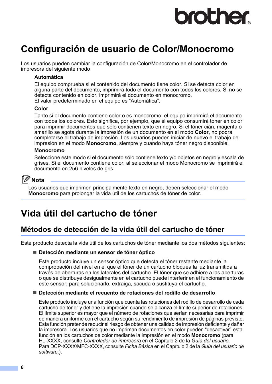 Español, Configuración de usuario de color/monocromo, Vida útil del cartucho de tóner | Brother HL 4570CDWT User Manual | Page 6 / 11