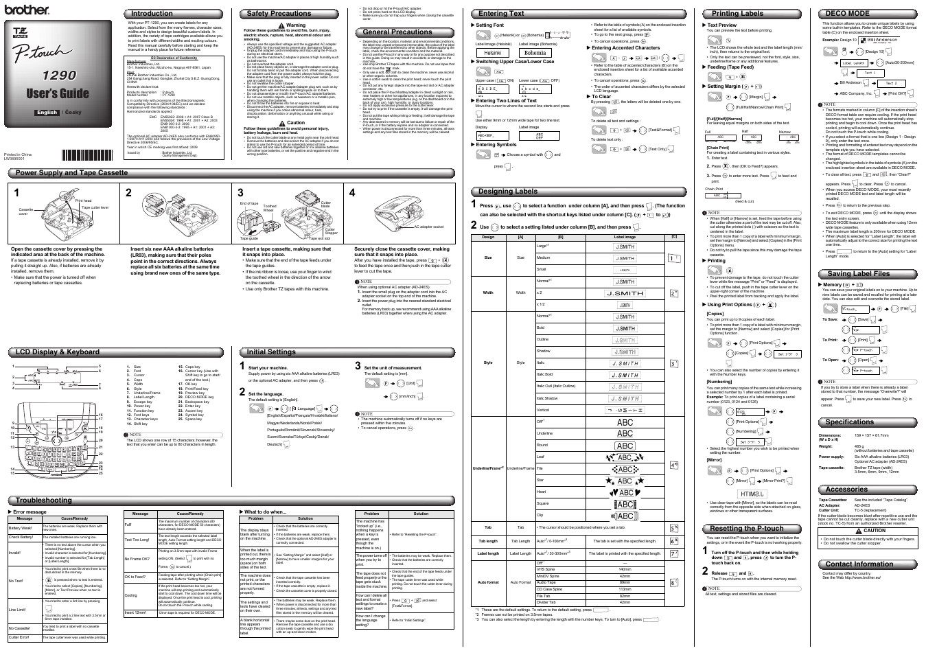 Brother PT-1290 User Manual | 1 page