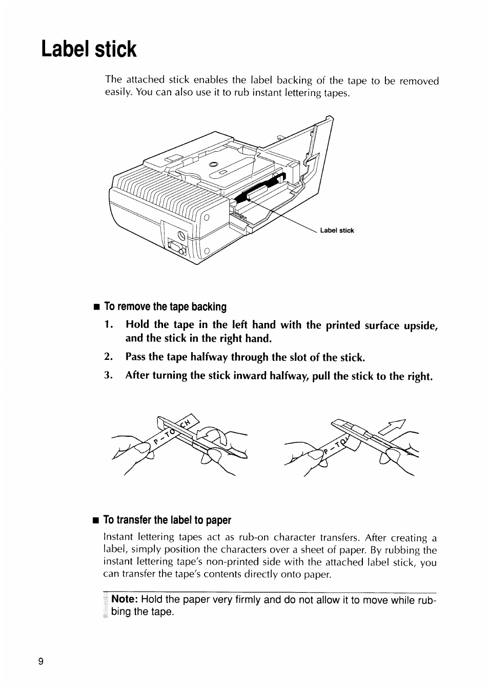 Label stick, To remove the tape backing, To transfer the label to paper | Brother P-TOUCH PC User Manual | Page 12 / 22
