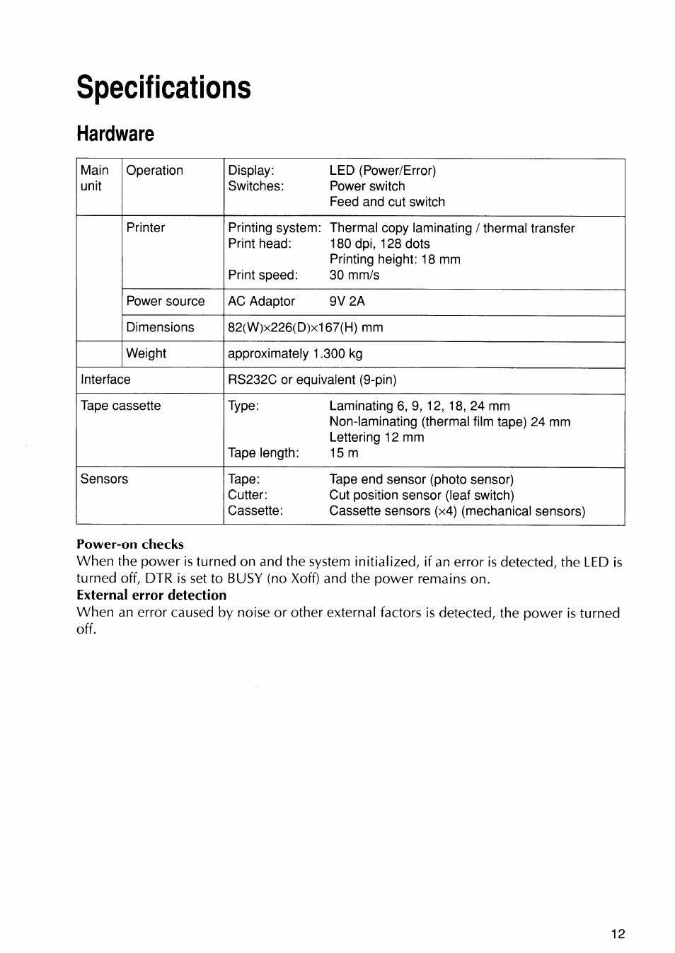 Specifications, Hardware | Brother P-TOUCH PC User Manual | Page 15 / 22