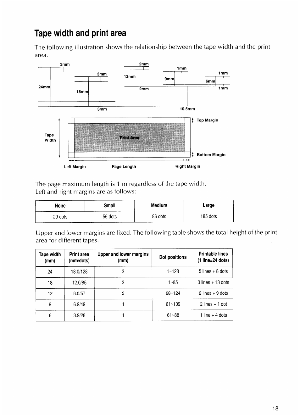 Tape width and print area | Brother P-TOUCH PC User Manual | Page 21 / 22