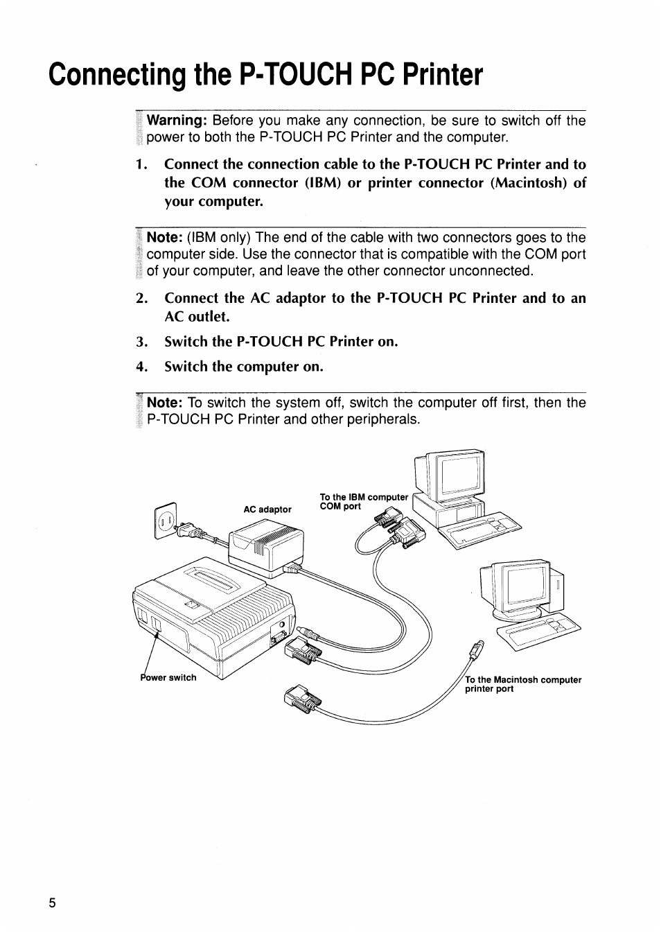 Connecting the p-touch pc printer | Brother P-TOUCH PC User Manual | Page 8 / 22