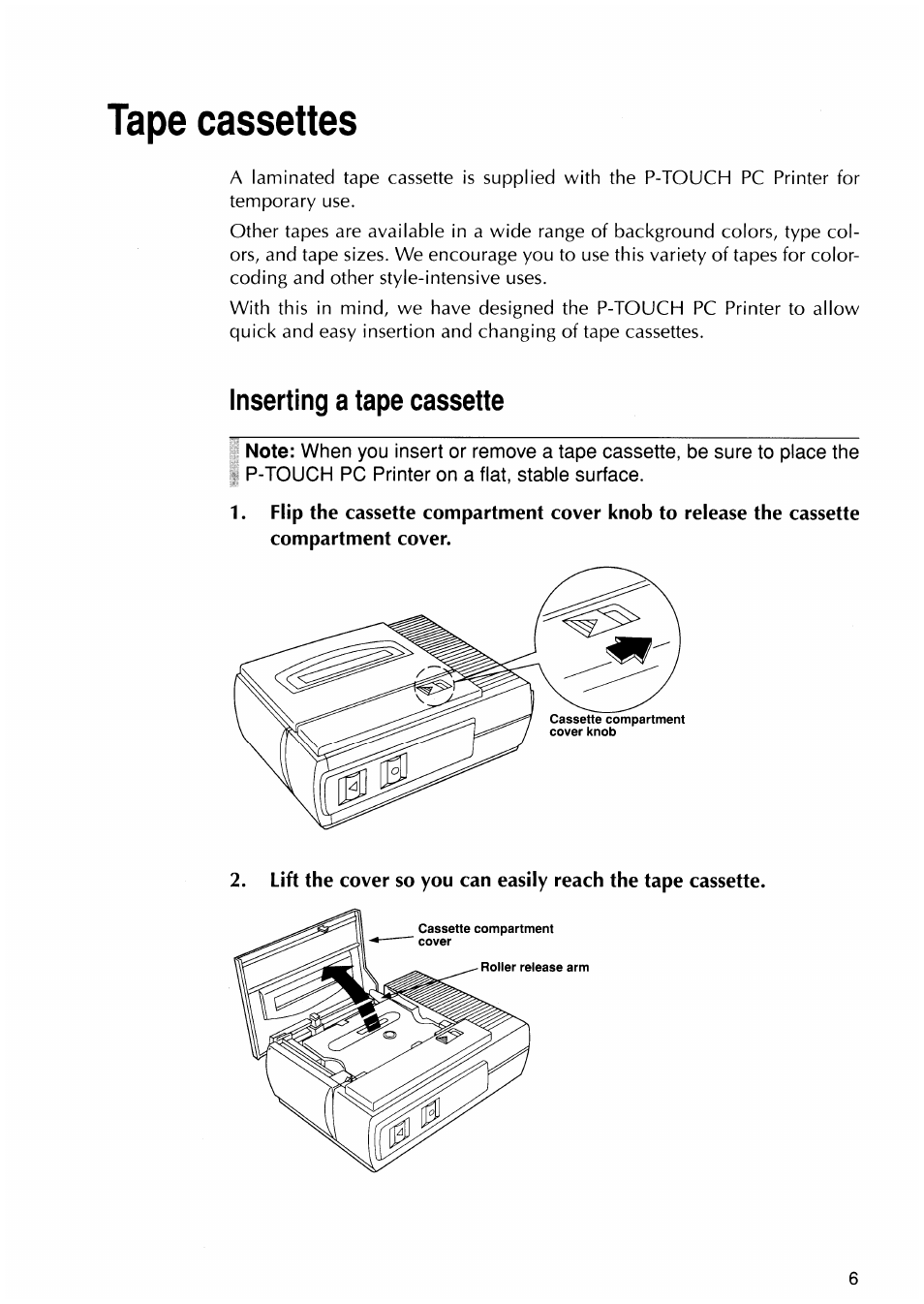 Tape cassettes, Inserting a tape cassette | Brother P-TOUCH PC User Manual | Page 9 / 22