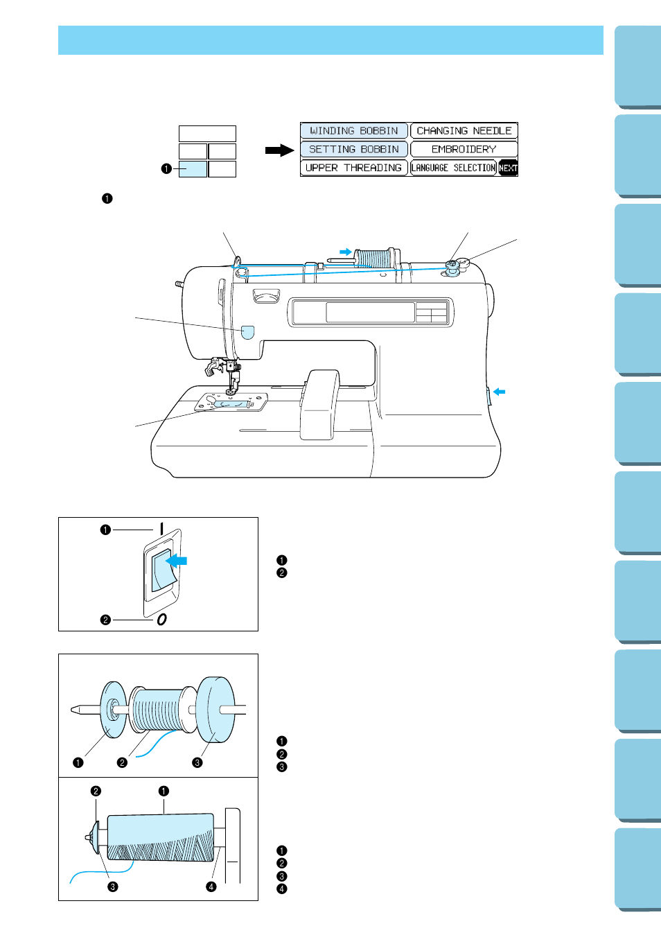 Bobbin winding and installation, How to wind a bobbin and set the lower thread | Brother PE-170D User Manual | Page 16 / 147