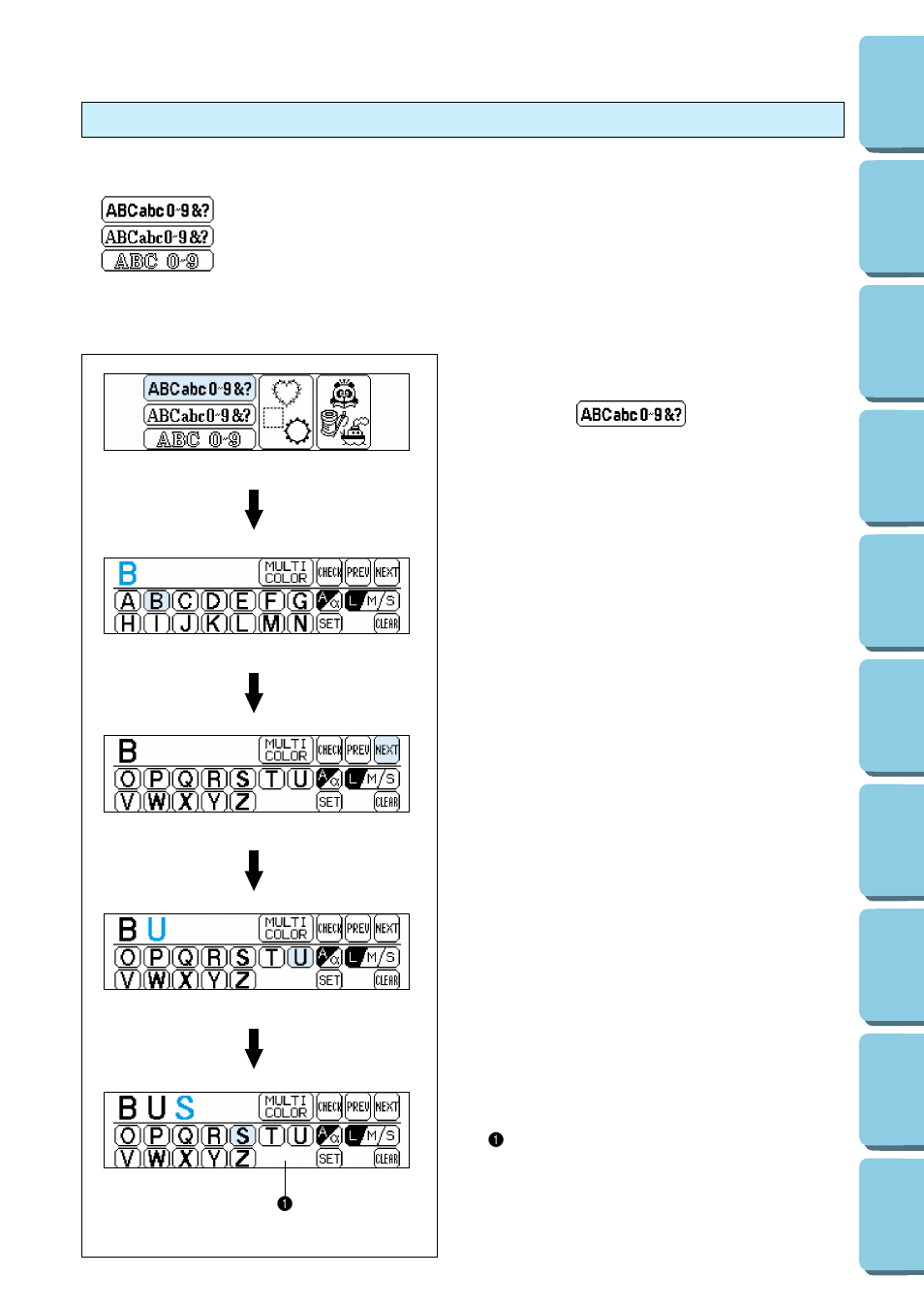 Selecting alphabetic characters, Alphabetic characters | Brother PE-170D User Manual | Page 34 / 147