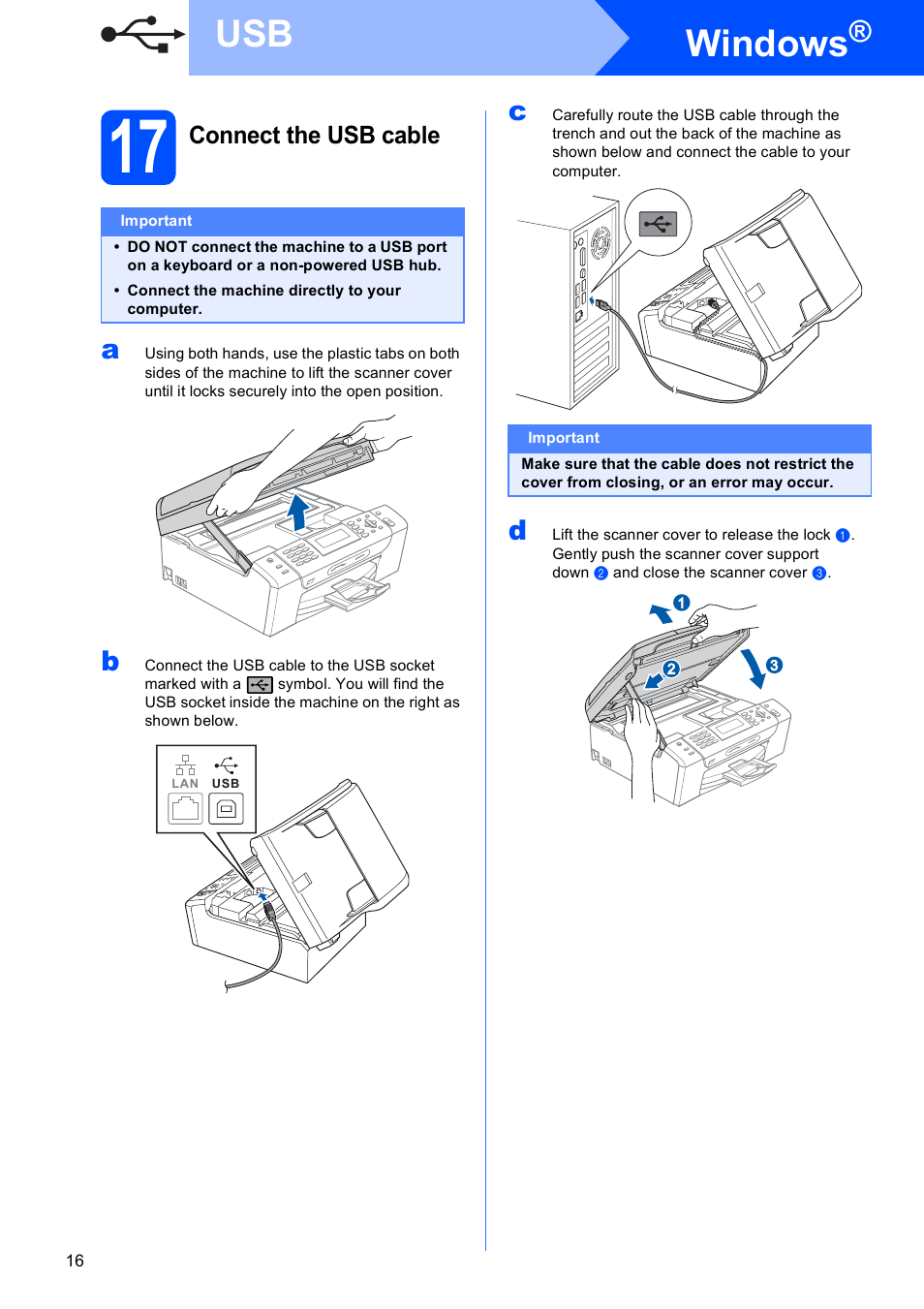 17 connect the usb cable, Windows, Connect the usb cable | Brother MFC-490CW User Manual | Page 16 / 47