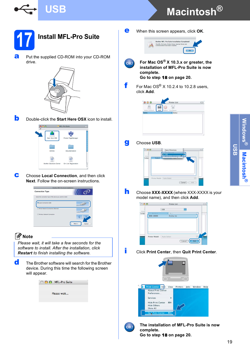 17 install mfl-pro suite, Macintosh, Install mfl-pro suite | Brother MFC-490CW User Manual | Page 19 / 47