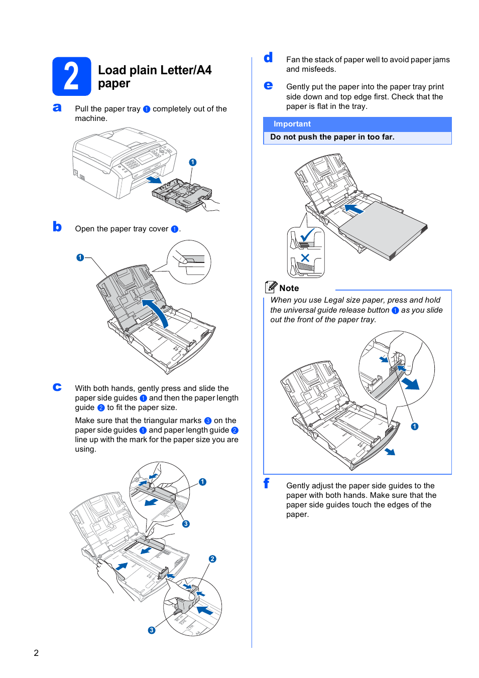 2 load plain letter/a4 paper, Load plain letter/a4 paper | Brother MFC-490CW User Manual | Page 2 / 47