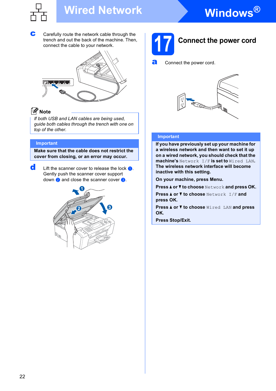 17 connect the power cord, Windows, Wired network | Connect the power cord | Brother MFC-490CW User Manual | Page 22 / 47
