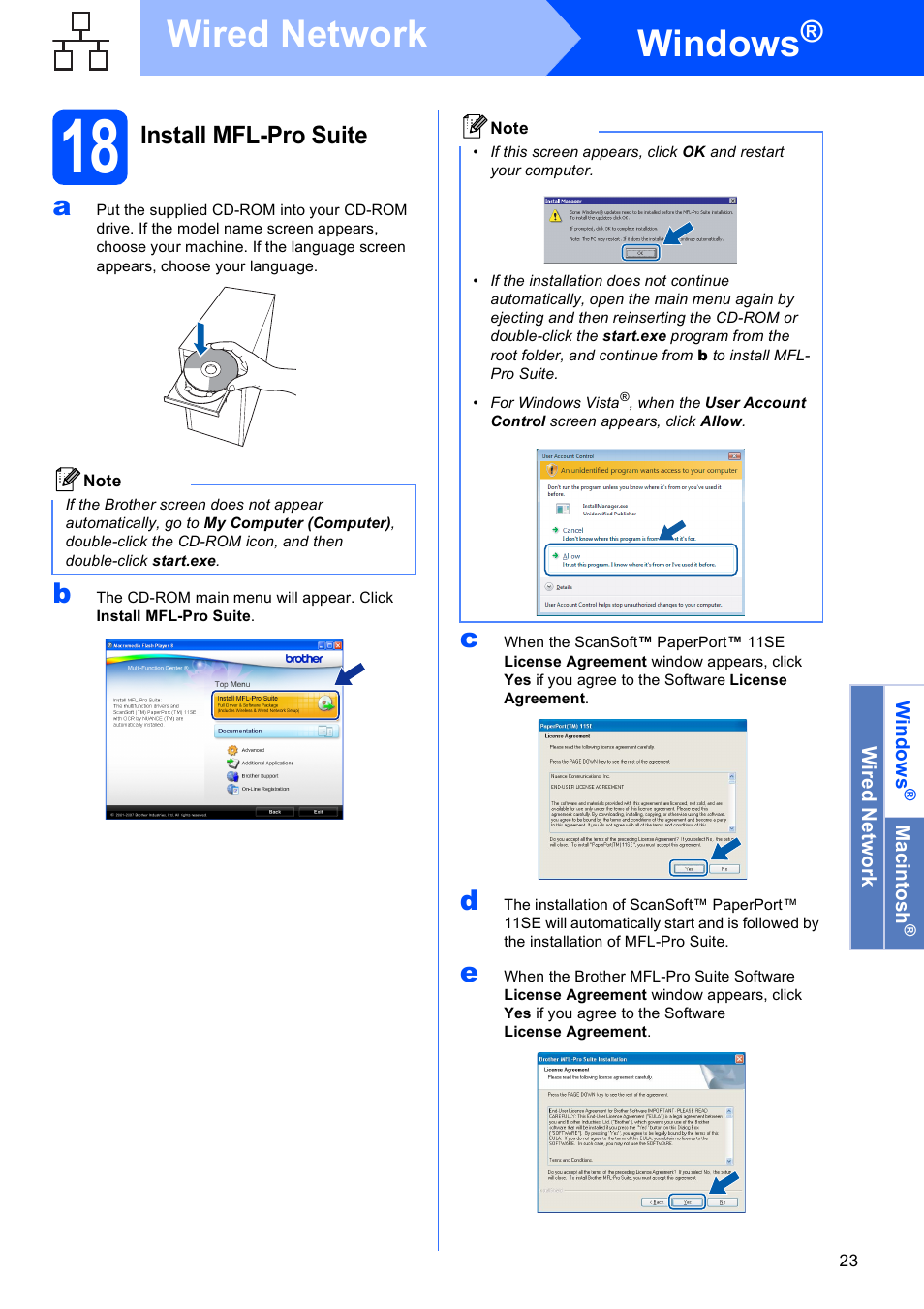 18 install mfl-pro suite, Windows, Wired network | Install mfl-pro suite | Brother MFC-490CW User Manual | Page 23 / 47