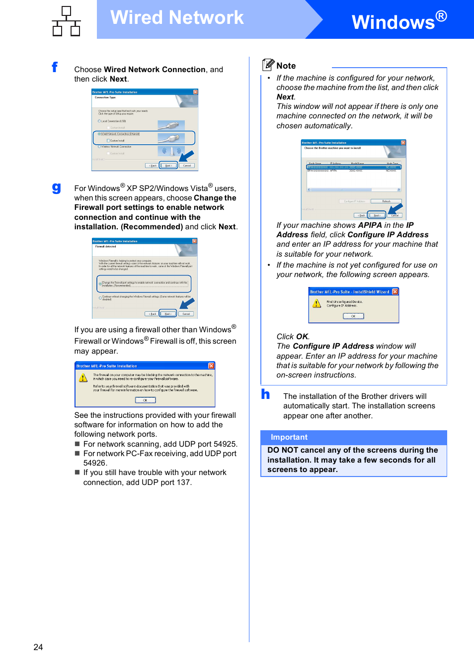 Windows, Wired network | Brother MFC-490CW User Manual | Page 24 / 47