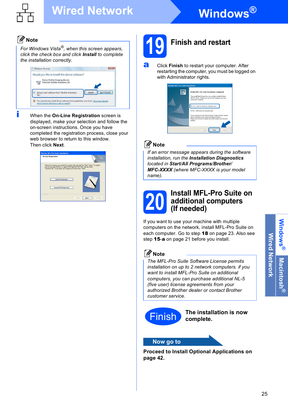 19 finish and restart, Windows, Wired network | Finish | Brother MFC-490CW User Manual | Page 25 / 47