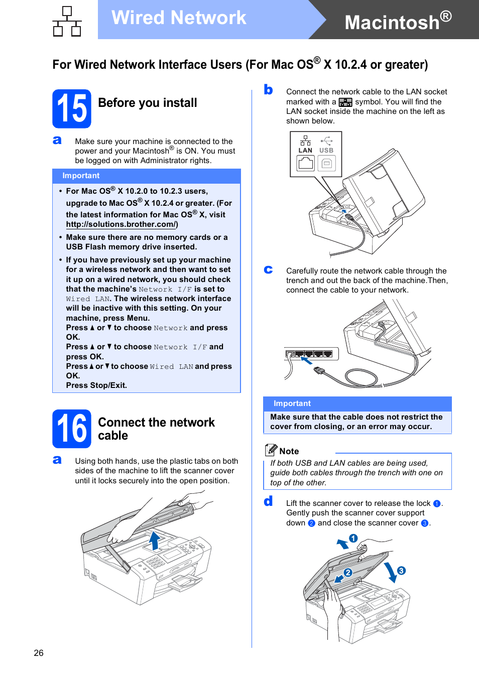 15 before you install, 16 connect the network cable, Macintosh | Wired network, For wired network interface users (for mac os, X 10.2.4 or greater), Before you install, Connect the network cable | Brother MFC-490CW User Manual | Page 26 / 47