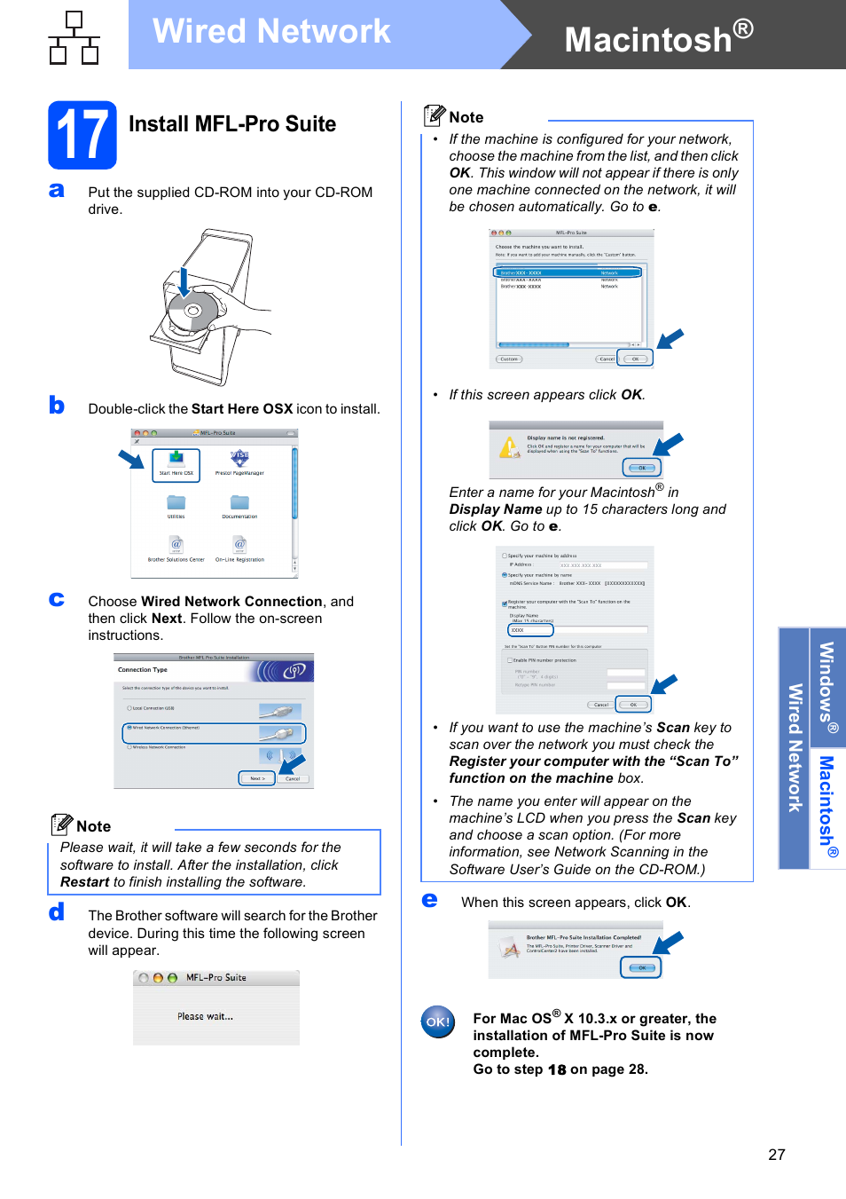17 install mfl-pro suite, Macintosh, Wired network | Install mfl-pro suite | Brother MFC-490CW User Manual | Page 27 / 47