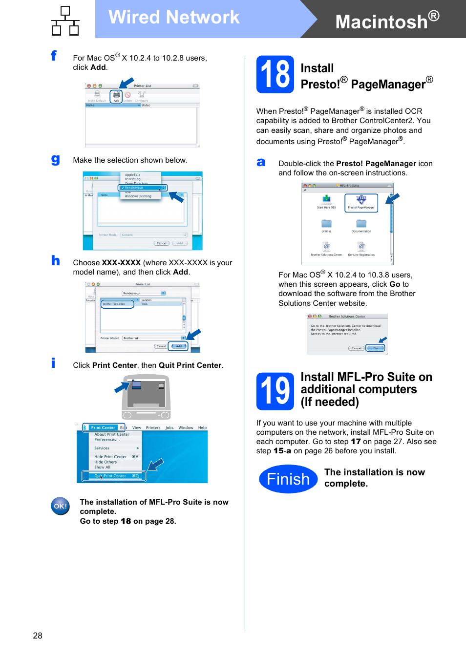 18 on, Macintosh, Wired network | Finish, Install presto, Pagemanager | Brother MFC-490CW User Manual | Page 28 / 47