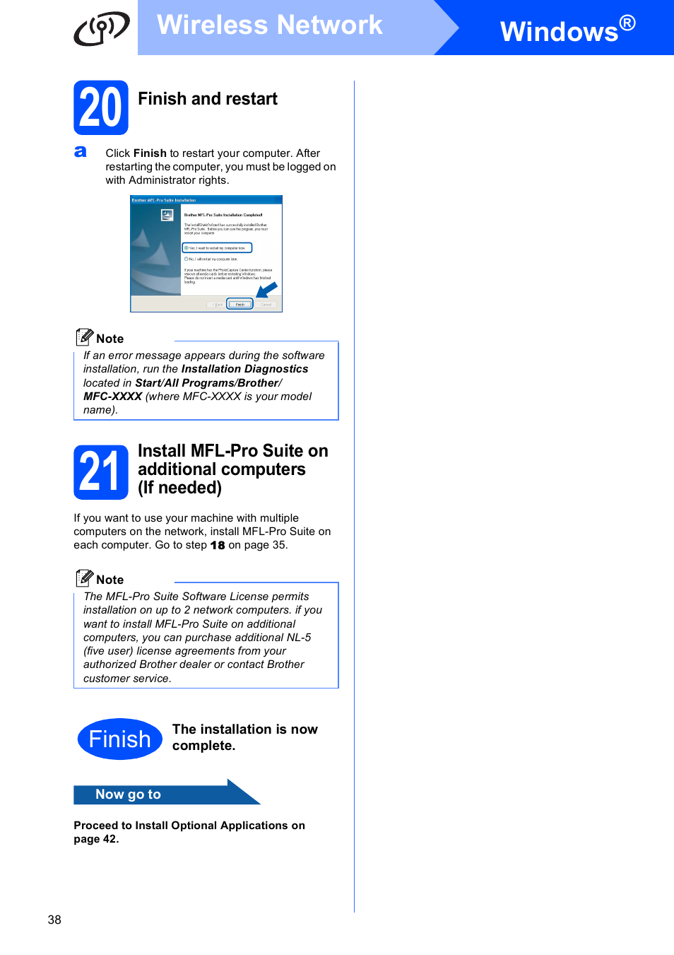 20 finish and restart, Windows, Wireless network | Finish | Brother MFC-490CW User Manual | Page 38 / 47