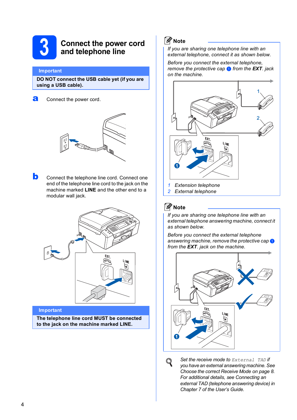 3 connect the power cord and telephone line, Connect the power cord and telephone line | Brother MFC-490CW User Manual | Page 4 / 47