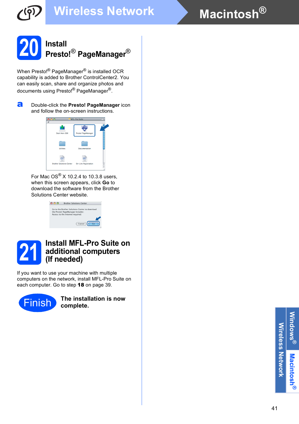20 on, Macintosh, Wireless network | Finish, Install presto, Pagemanager | Brother MFC-490CW User Manual | Page 41 / 47