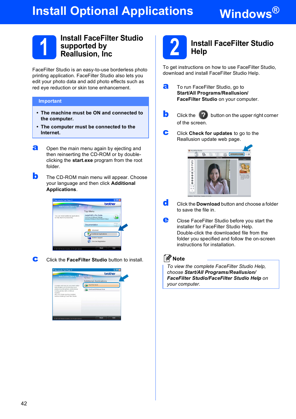 Install optional applications windows, 2 install facefilter studio help, Windows | Install optional applications | Brother MFC-490CW User Manual | Page 42 / 47